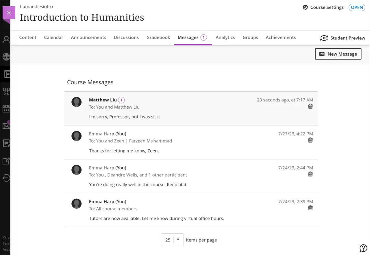 メッセージ ページ。リストに複数のメッセージが表示されています。一番上のメッセージには1という番号が表示され、他のメッセージと比べて背景が濃く、太字で表示されています。