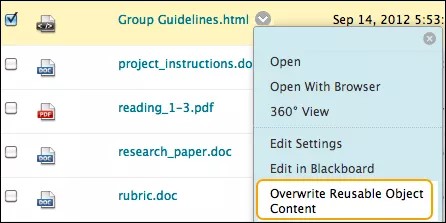HTML 객체 메뉴가 확장되어 "열기", "브라우저로 열기", "360° 보기", "설정 편집", "Blackboard에서 편집", "재사용 가능한 객체 콘텐츠 덮어쓰기" 옵션이 표시됩니다.