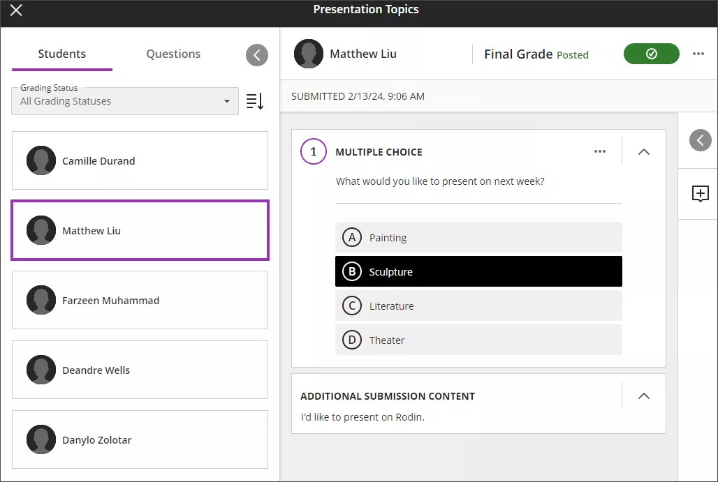 Vurderingsvisningen av et skjema som viser en students innsending