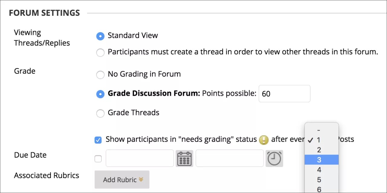 Forumets innstillingsside, med Vurder Discussion Forum valgt og mulige poeng satt til 60. Deltakerne i showet har status som «Ikke vurdert» etter hvert tredje innlegg.