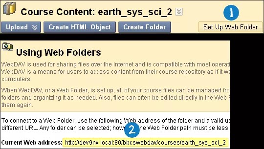 Siden Bruke webmapper, med knappen Konfigurer webmappe angitt med tallet 1 og gjeldende nettadresse angitt med tallet 2.