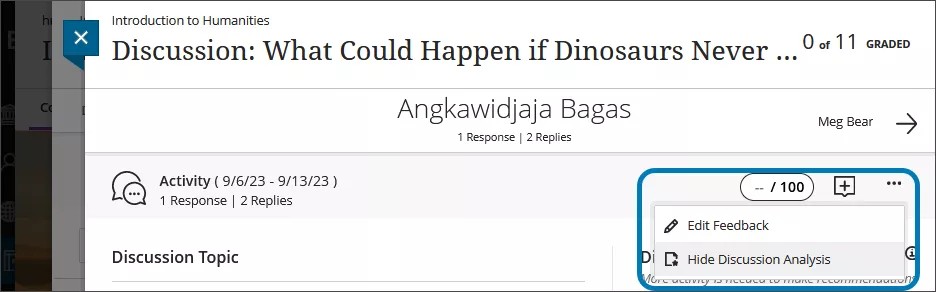Bilde av et diskusjonsinnlegg, med Flere alternativer-menyen utvidet og Skjul diskusjonsanalyse uthevet