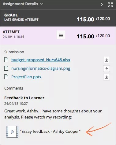 Studentens visning av opptaket med tilbakemeldingen. Videoikon og deretter tittelen på opptaket