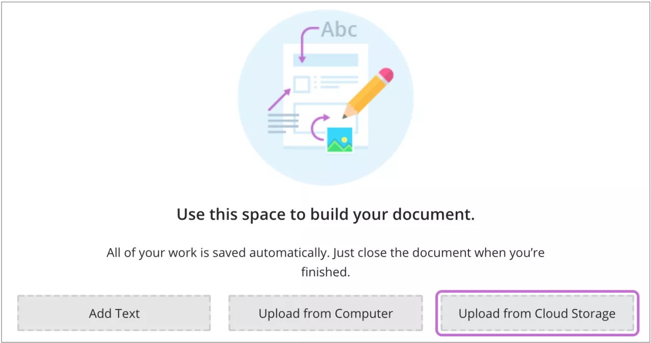 De nieuwe documentpagina, met knoppen Tekst toevoegen, Uploaden vanaf computer en Uploaden van Cloud Storage.