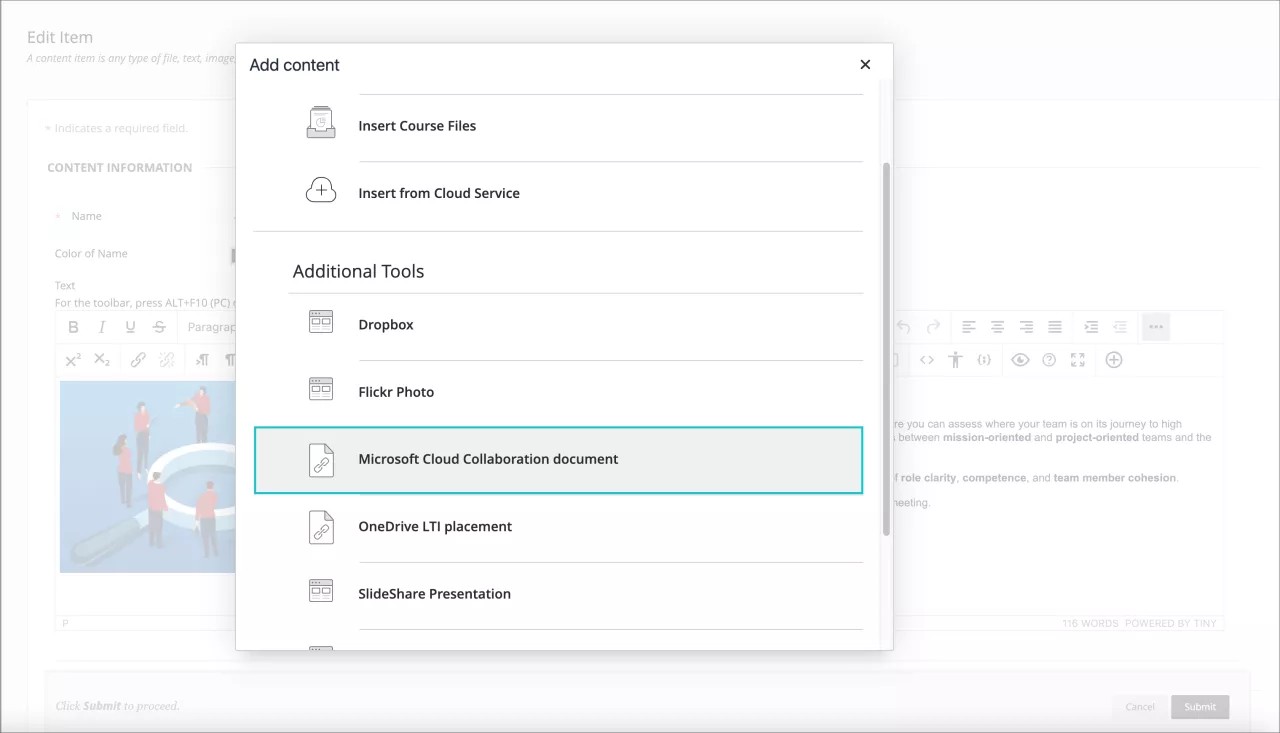 Voeg een Microsoft Cloud Collaboration-document toe aan Blackboard Original.