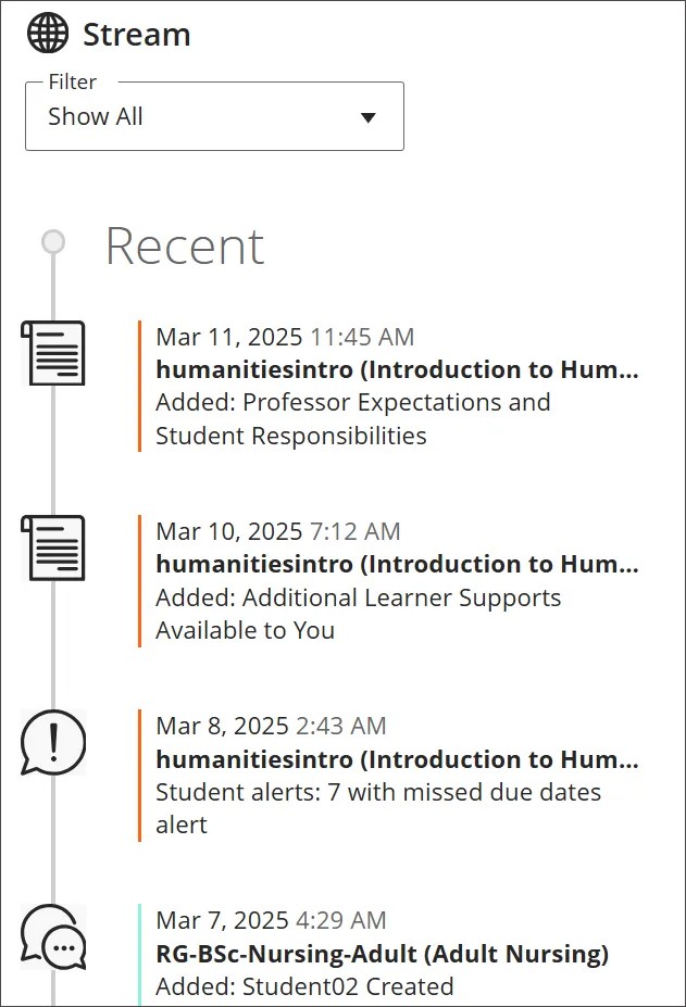 De activiteitenstream, met vier items onder Recent die toegevoegd materiaal en studentenmeldingen aangeven