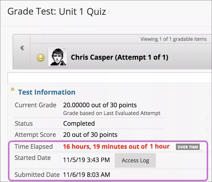 Een quiz van de student werd geopend. Auto-Submit functionaliteit aan.