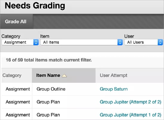 Het scherm Needs Grading toont het Grade All-gebied, inclusief filters en alle gradeerbare items.