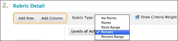 Rubriek Detail sectie, met de knoppen Rij toevoegen en Kolom toevoegen gemarkeerd en het menu Rubriek Type uitgebreid om de opties Geen Punten, Punten, Puntbereik, Percentage en Percentage Range te tonen.