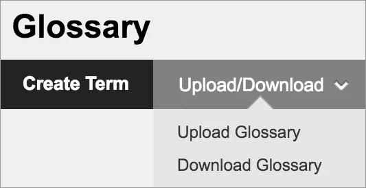 De woordenlijsttool met het uitgeklapte menu 'Uploaden/Downloaden'