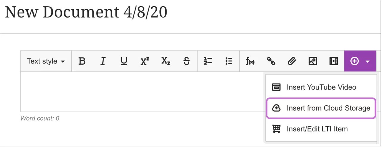 O Editor de Conteúdo, com o menu Inserir conteúdo expandido para mostrar Inserir Vídeo do YouTube, Inserir do Armazenamento na Nuvem (destacado) e Inserir/Editar Item LTI.
