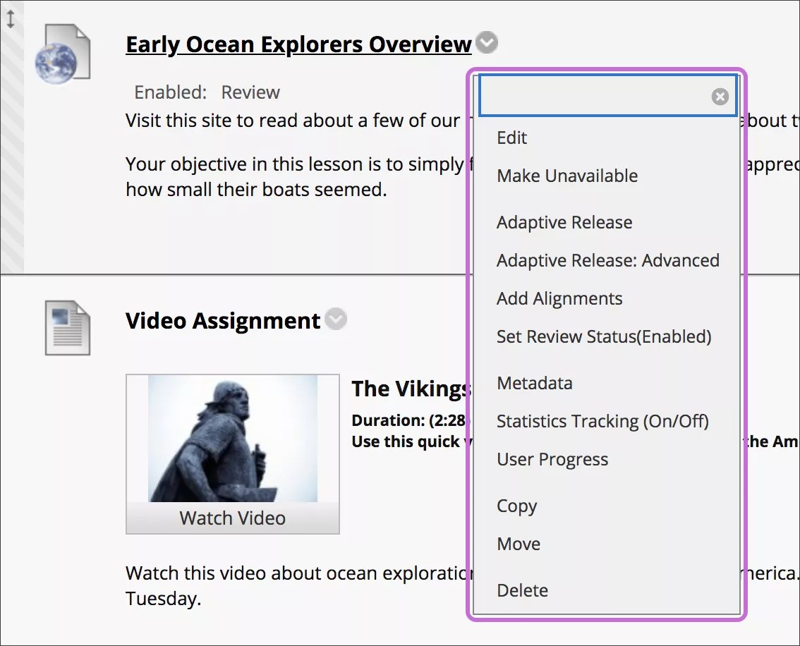 Um link da web com o menu expandido e destacado em roxo.