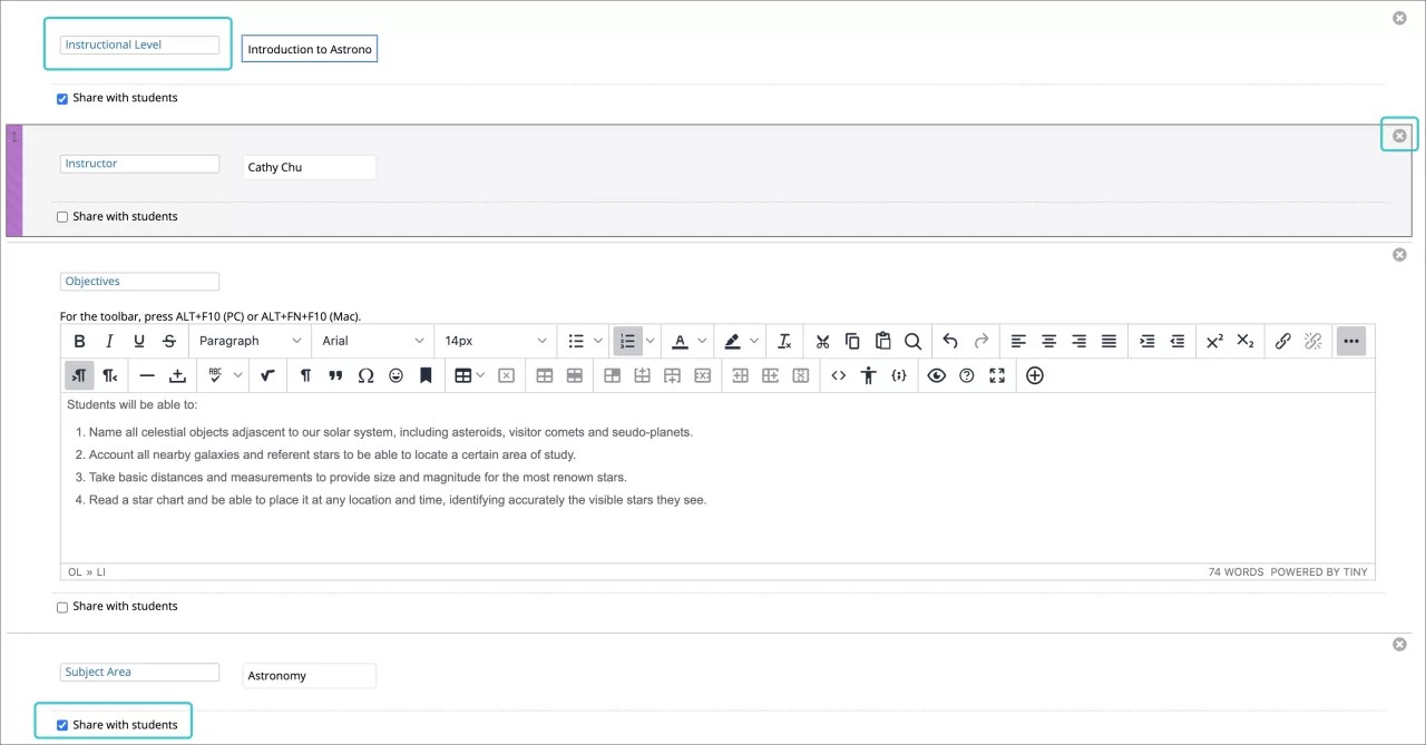Os elementos padrão de uma lição plano você pode adicionar informações, com o x para exclusão destacado, bem como a opção de compartilhar com os Alunos.