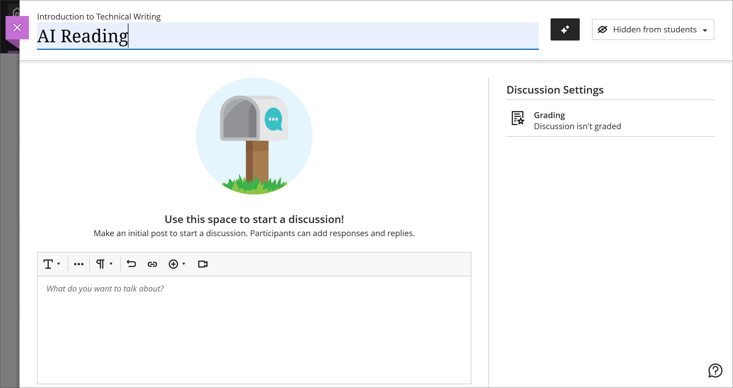 Imagem do painel para criar uma nova discussão, mostrando o Editor de rich text e as opções de configurações de discussão