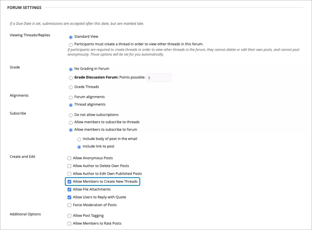 Página de configurações de fóruns no Painel do administrador. A opção de permitir que os membros abram novos tópicos está ativa, permitindo que seja convertido em uma Discussão na visualização Ultra do curso.