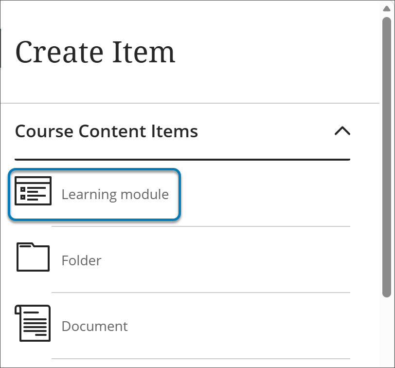 Página de conteúdo do curso, com o menu suspenso Criar item aberto e a opção Módulo de aprendizagem destacada à direita