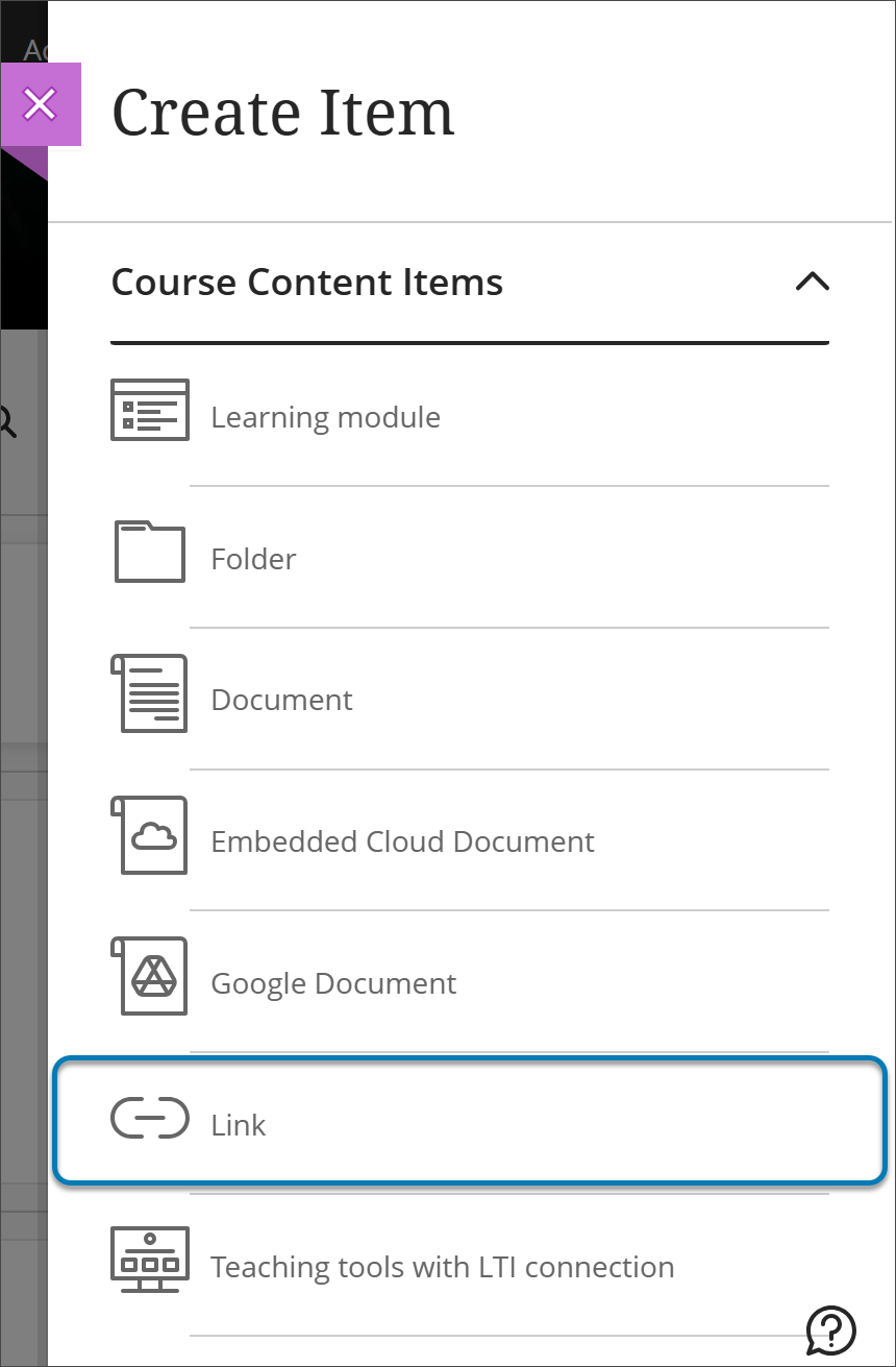 Imagem da página Conteúdo do curso com o painel Criar item aberto. Uma caixa azul destaca a opção Link no menu Criar Item.]