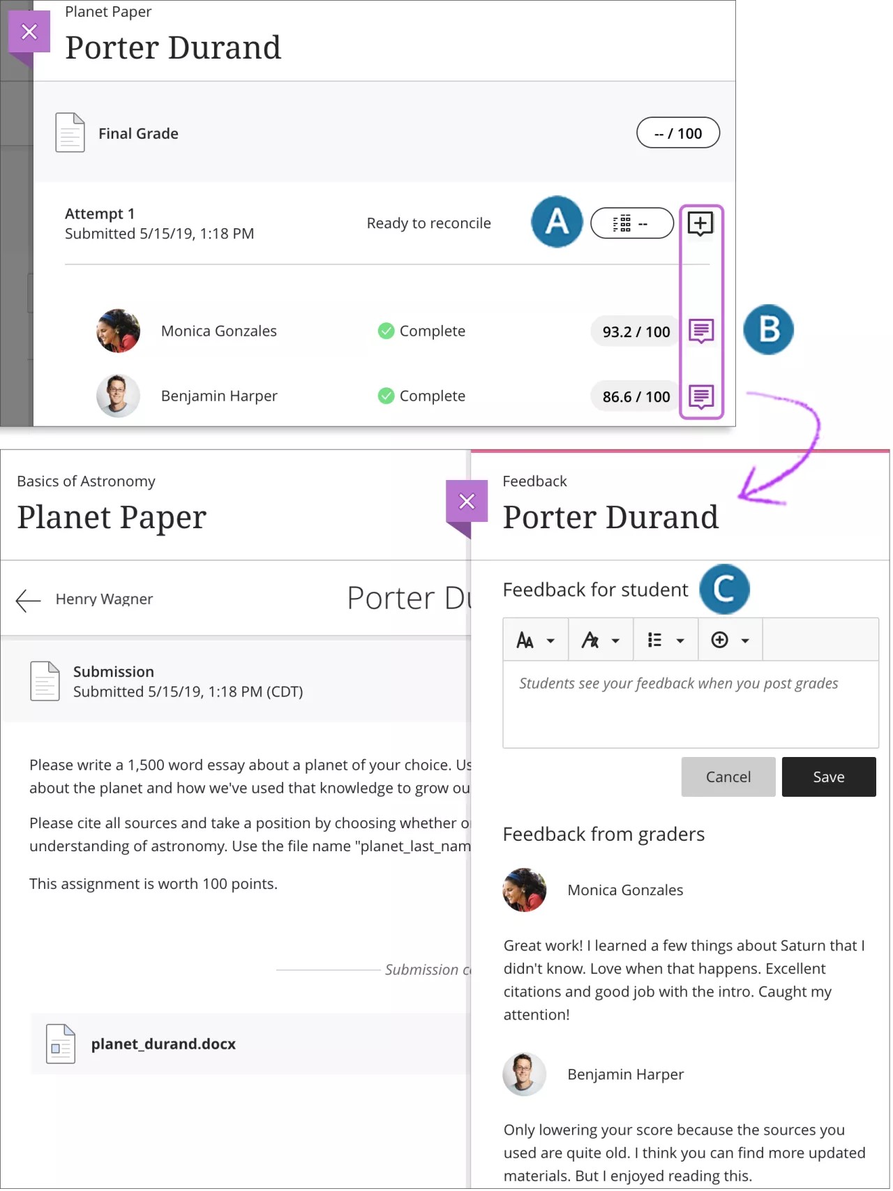 Um exemplo de envio se abre com 1) uma tentativa pronta para reconciliação na tela, 2) duas notas diferentes atribuídas, 3) o ícone de comentário selecionado e em destaque e 4) o painel de comentários aberto com dois comentários diferentes na tela.