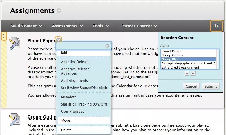 Página de exercícios com o menu Editar exercício aberto para mostrar todas as opções para editar um exercício. O botão Reordenar Conteúdo fica do lado oposto da fita de opções do menu, perto do topo da página. O menu Reordenar Conteúdo é aberto para mostrar as opções para reordenar o conteúdo.