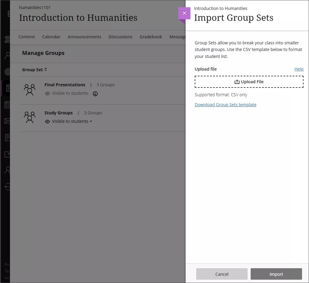 Sidan Grupper i en Blackboard-kurs med panelen Importera gruppuppsättningar öppen.