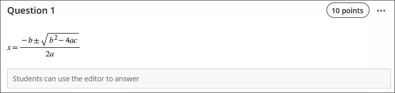 Bild av den renderade versionen av den kvadratiska formeln ovanför en fråga