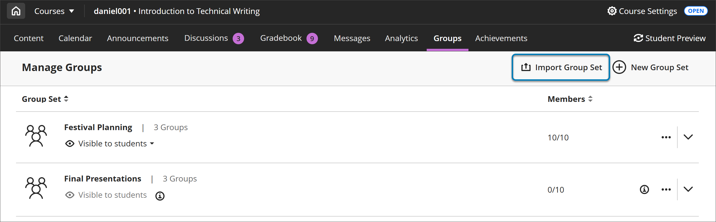 Blackboard Kursu'ndaki Gruplar sayfası. Grup Kümesini İçe Aktar mavi renkle vurgulanır.
