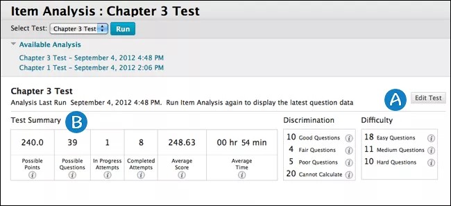 Test için Öğe Analizi sayfası