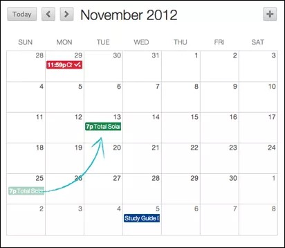 2012 年 11 月日历显示箭头，表示从 11 月 25 日拖到 11 月 13 日的事件