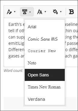 内容编辑器中的字体菜单扩展为显示 Arial、Comic Sans MS、Courier New、Noto、Open Sans（已选中）、Times New Roman 和 Verdana。