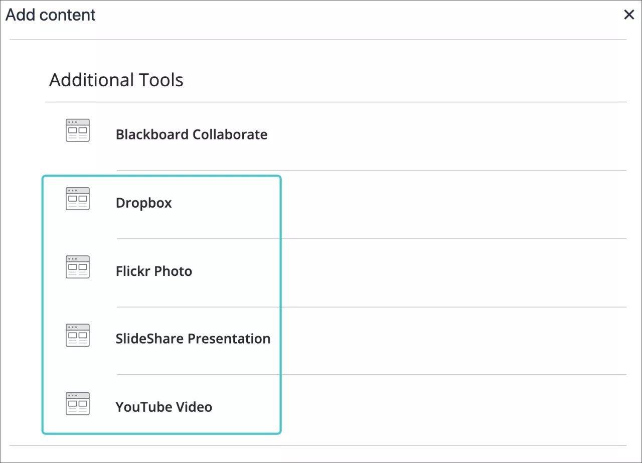 添加内容选项包括 Dropbox、Flickr 照片、SlideShare 演示文稿、YouTube 视频