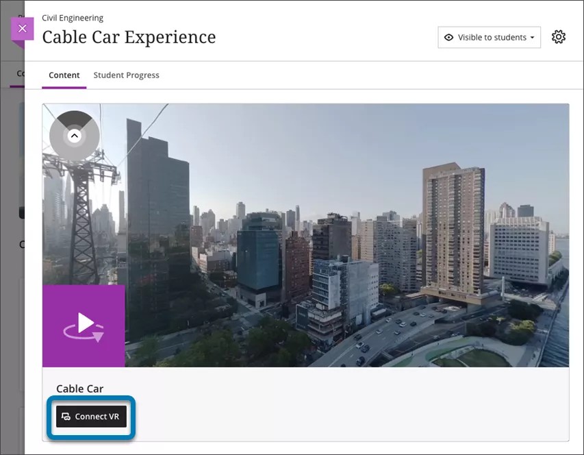 Video Studio 页面上蓝色高亮显示的 Connect VR 按钮。