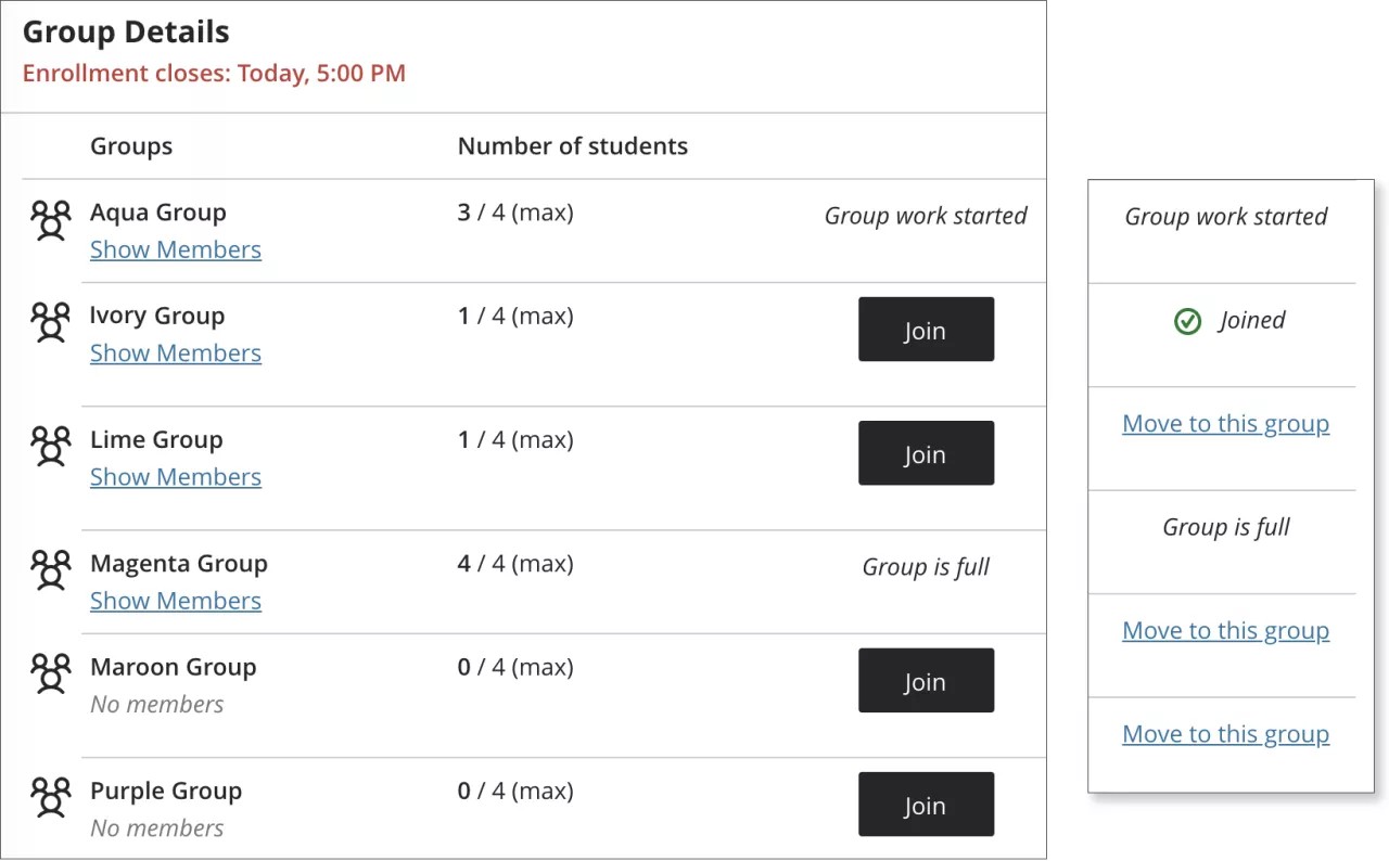 在左侧，学生的小组详细信息部分打开，其中包含可供加入的自行注册小组列表。在右侧，自行注册小组列表显示 1）一个小组消息：“已加入”，2）可加入小组的“移至此小组”选项。