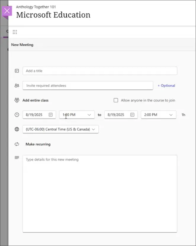 Ffenestr Cyfarfodydd Microsoft Teams i greu cyfarfod newydd