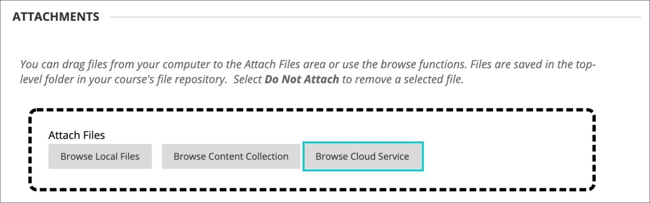 Abschnitt "Anhänge" auf der SafeAssign-Einreichungsseite. Die Option "Cloud Service durchsuchen" ist hervorgehoben.