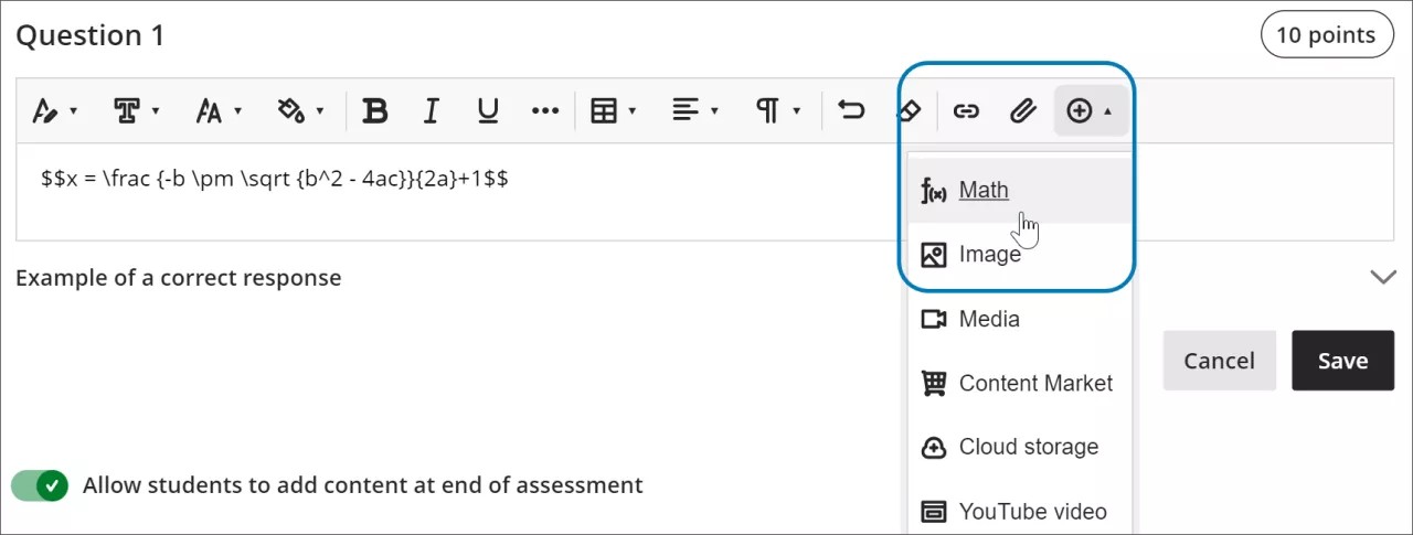 Bild der quadratischen Formel plus einer in LaTeX, wobei das Menü + und die Option für den mathematischen Editor hervorgehoben sind