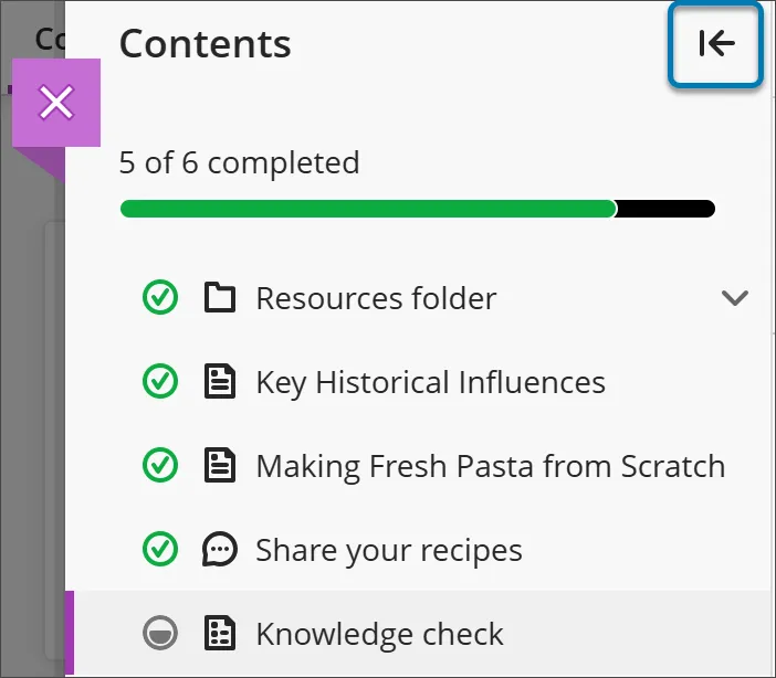 In the Learning Module table of contents, two courses are marked as Complete in the Courses page in the Administrator Panel. This is indicated by the green check icons that appear next to the course listing.