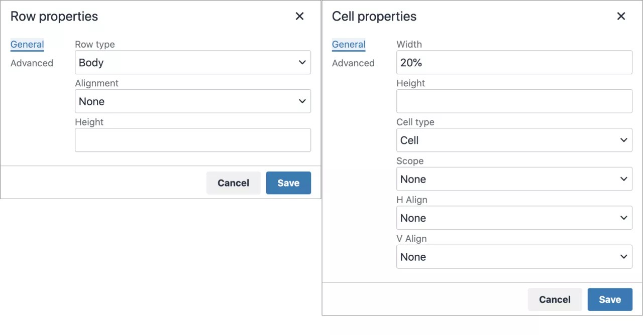 Row properties and Cell properties options.