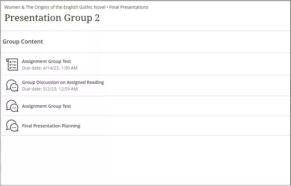 The Group Space for Presentation Group 2, showing the list of assignments