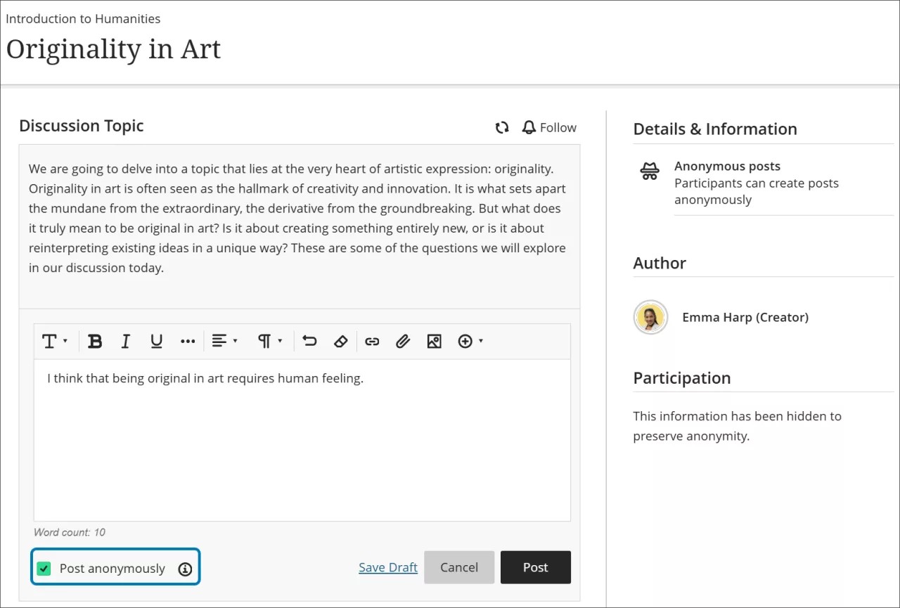 A student is replying to a discussion prompt with the Post Anonymously option selected