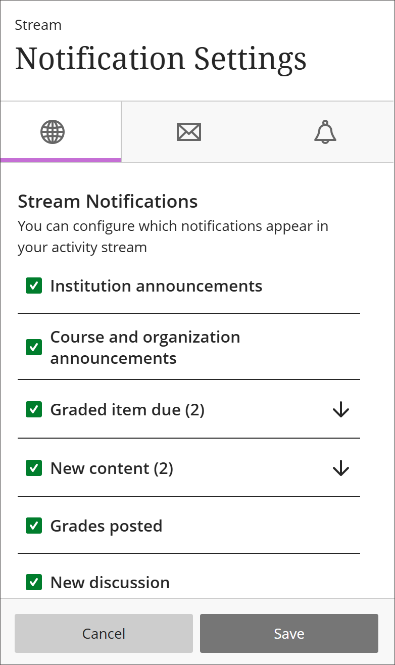 Stream Notifications panel, showing the variety of notifications that can be selected to appear in the Activity stream.