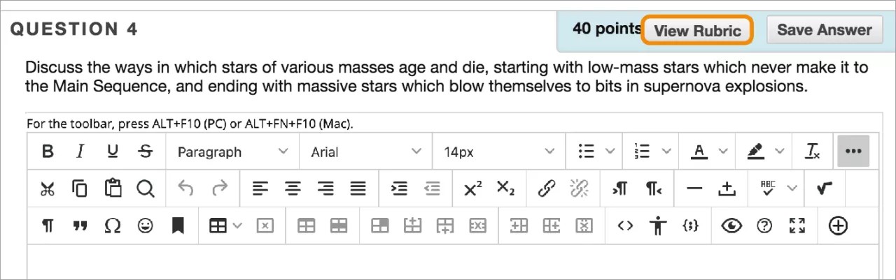 Question Editor with View Rubric button highlighted.