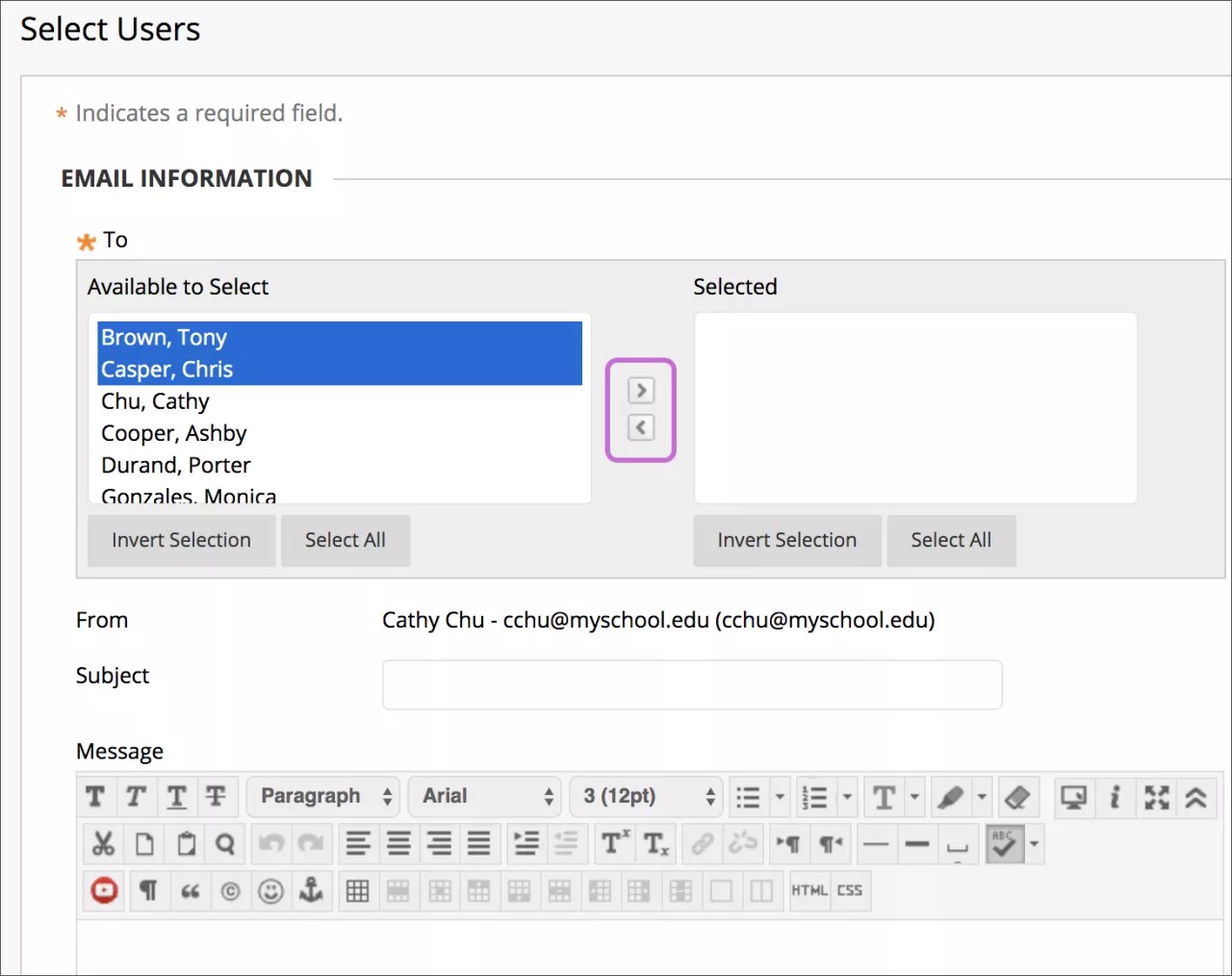 Email page with option box to select users to send message to.