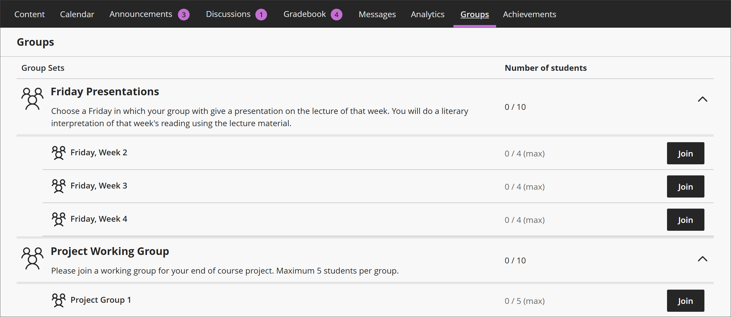The Groups page, showing available groups