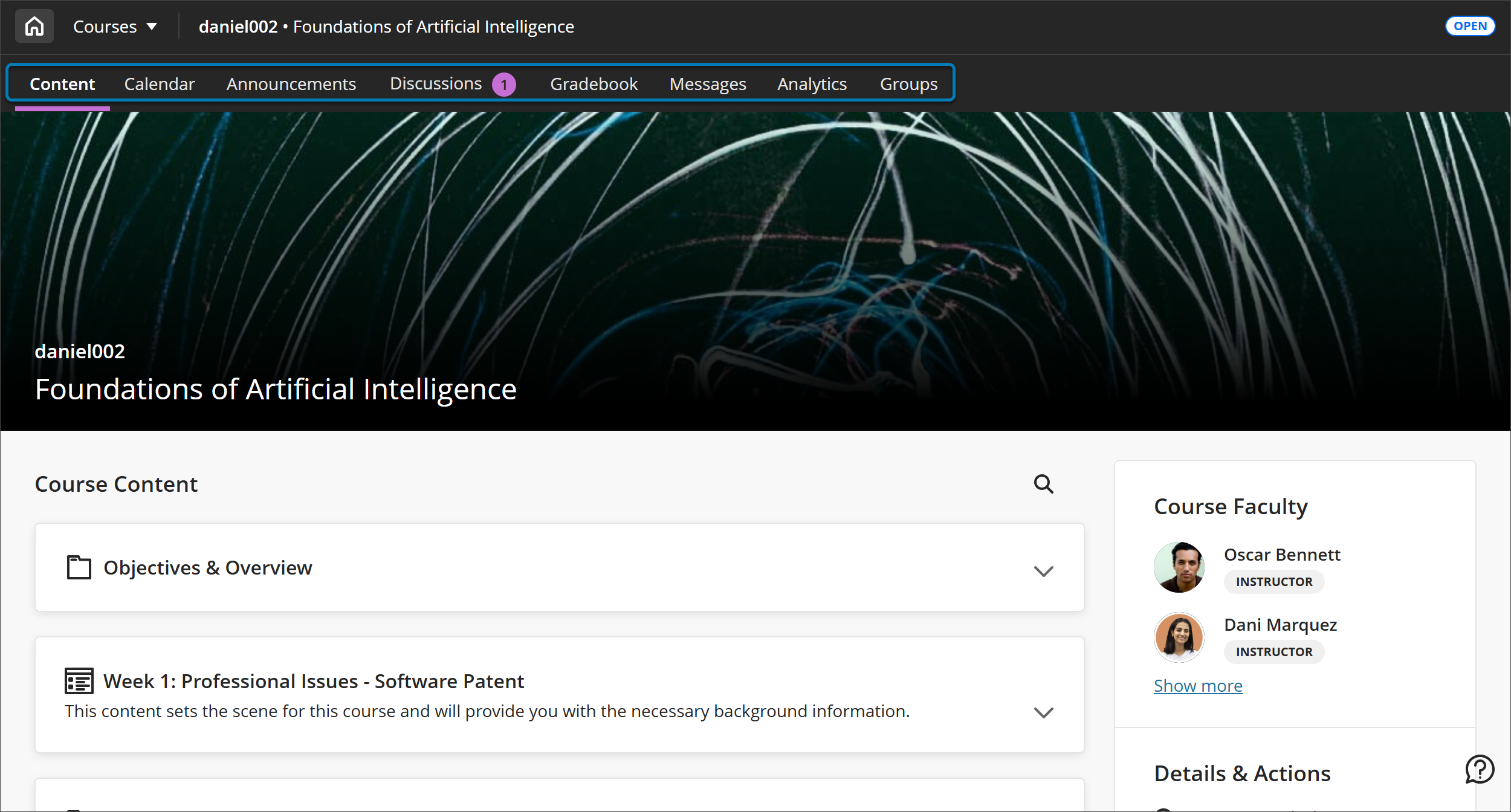 The Course Content page within a course. In the navigation bar at the top, the navigation tabs are highlighted in a blue box. They include Content, Calendar, Announcements, Discussions, Gradebook, Messages, and Groups.