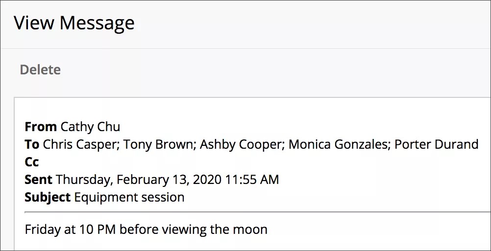 View Message panel with information about the message include sender and recipient, date, and message.