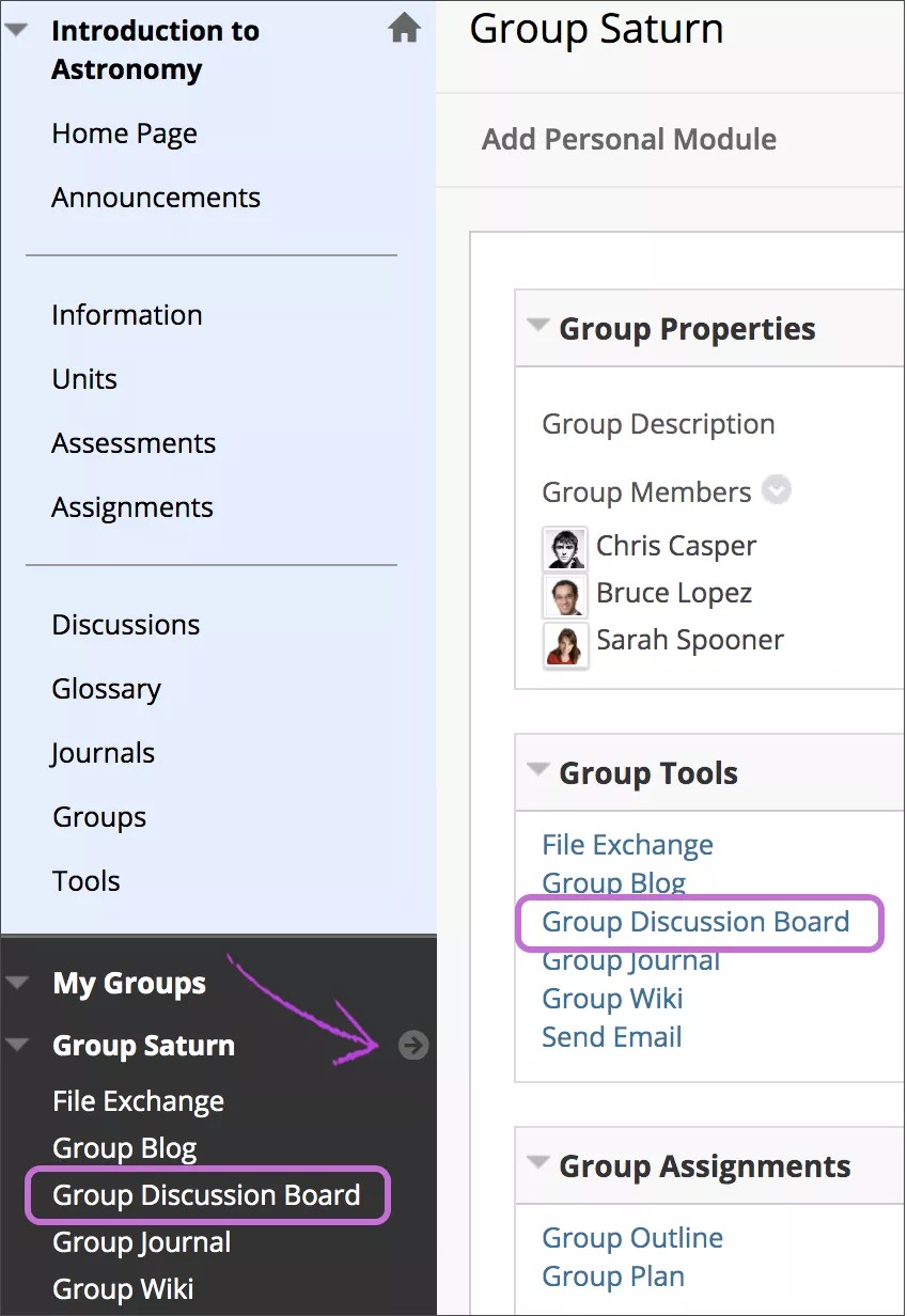 Course page with Group Discussion Board highlighted.