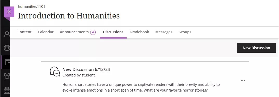 Discussions page, with a 'Created by student' label beneath a discussion
