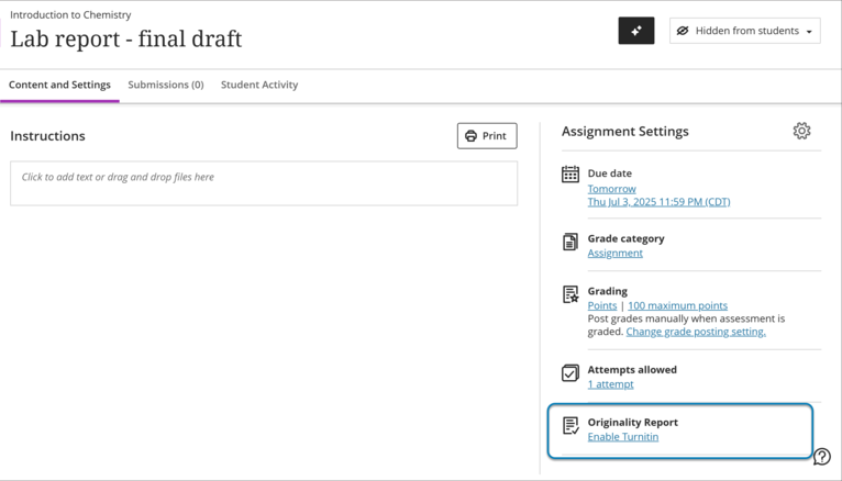 Student submission screen that highlights that Turnitin is enabled in the Originality Report settings.