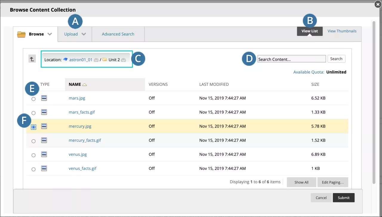 Browse Content Collection page with breadcrumbs to orient a user to find the correct content.