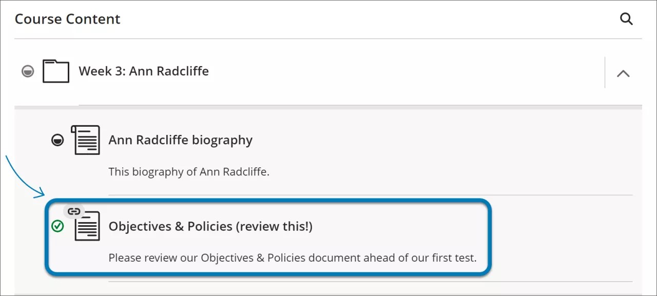 Detail of Course Content page with blue box and blue callout arrow highlighting course link